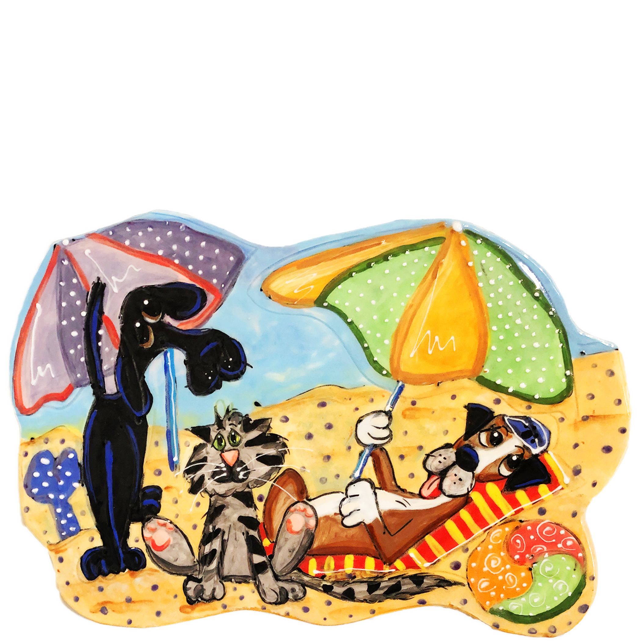 Handcrafted ceramic tile with a hand-painted scene of a dog lounging and a cat playing under beach umbrellas, with intricate details and bright colors, by artist Debby Carman.