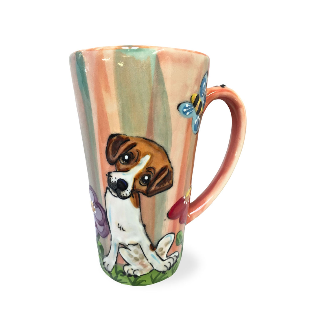 Hand-painted 16oz mug featuring a sweet Beagle surrounded by a floral scene with butterflies, on a soft pastel background, perfect for a relaxing tea time.