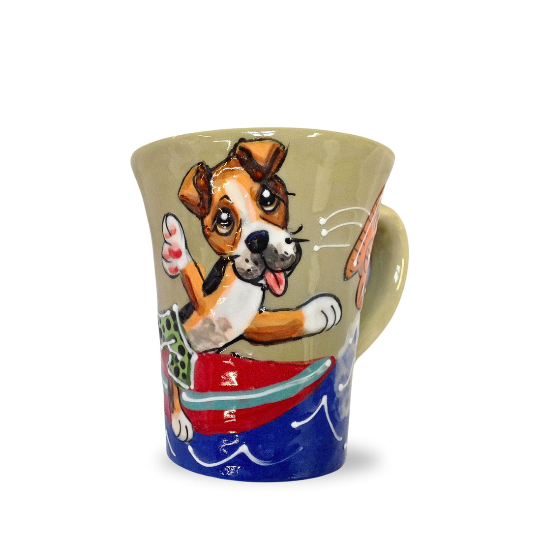 Hand-painted 12oz mug showcasing an animated Beagle surfing on a red surfboard, set against a blue ocean wave backdrop, ideal for beach and dog enthusiasts