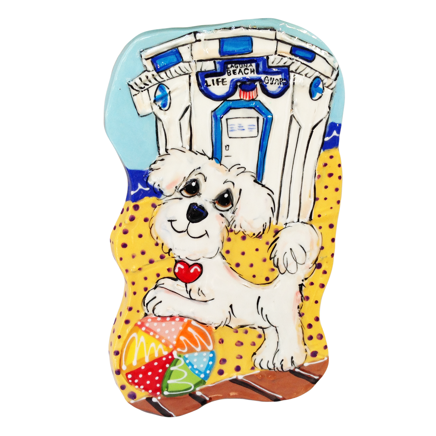 Artistic ceramic tile featuring a Bichon Frise dog in front of a Laguna Beach lifeguard stand, with a colorful beach ball, hand-painted by artist Debby Carman