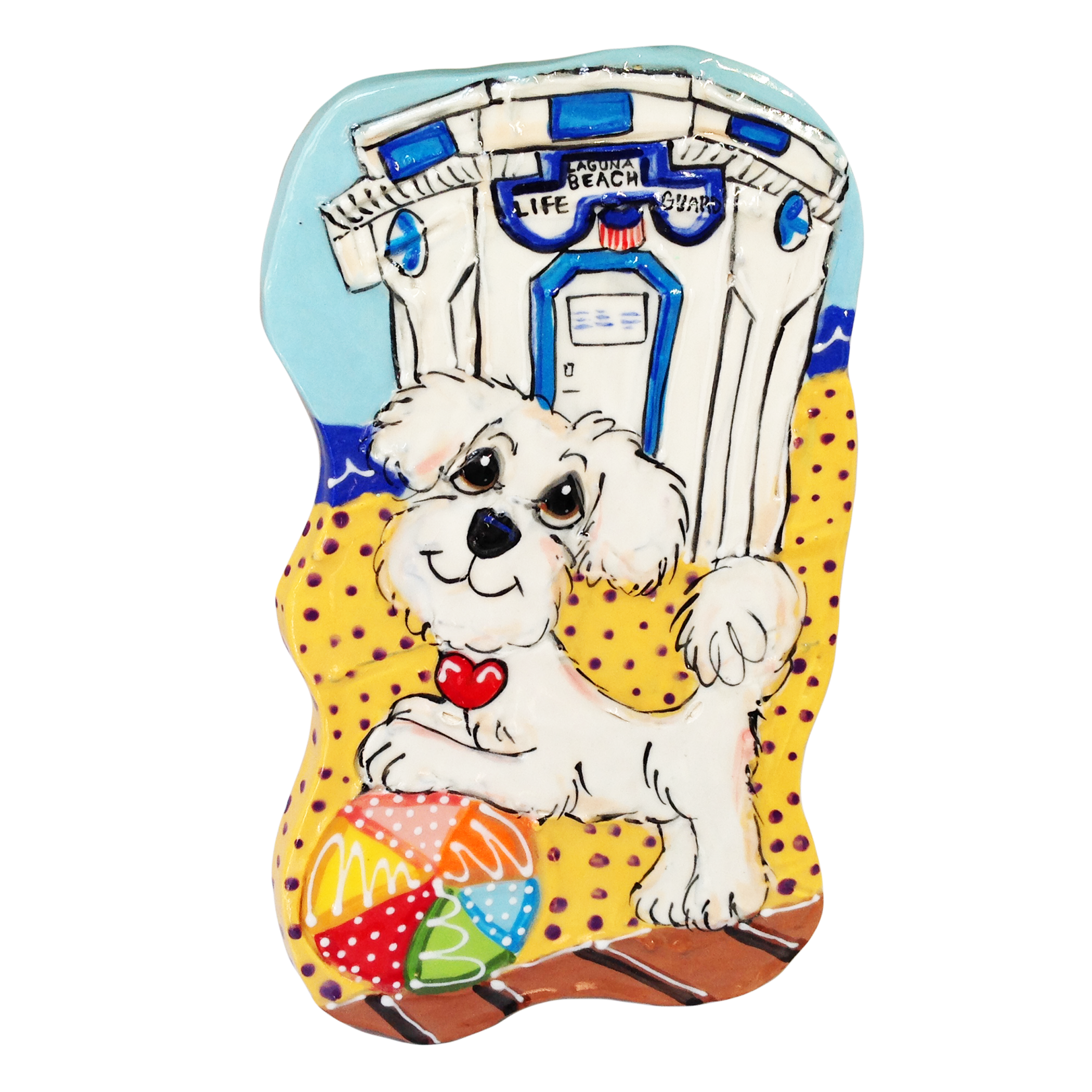 Artistic ceramic tile featuring a Bichon Frise dog in front of a Laguna Beach lifeguard stand, with a colorful beach ball, hand-painted by artist Debby Carman