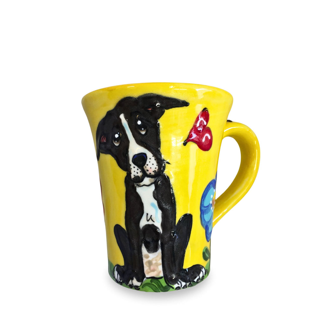 Bright and cheerful 12oz mug with a Border Collie painted amid a vibrant garden setting on a yellow background, ideal for gardeners and dog lovers