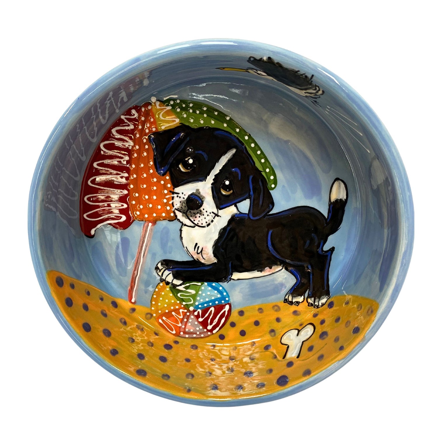 Hand-Painted Ceramic Dog Bowl with Beach Theme