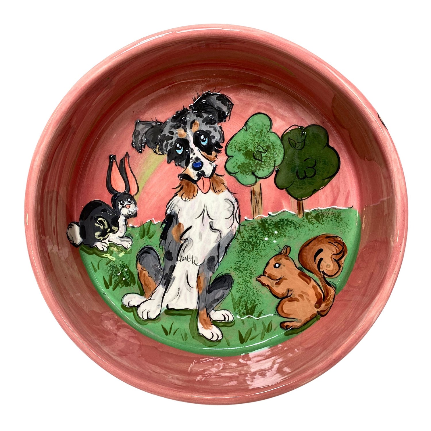 Hand-painted ceramic bowl featuring a Border Collie and woodland animals in a forest scene, part of the &quot;Animal Companions&quot; Collection, bringing a storybook charm to your pet&