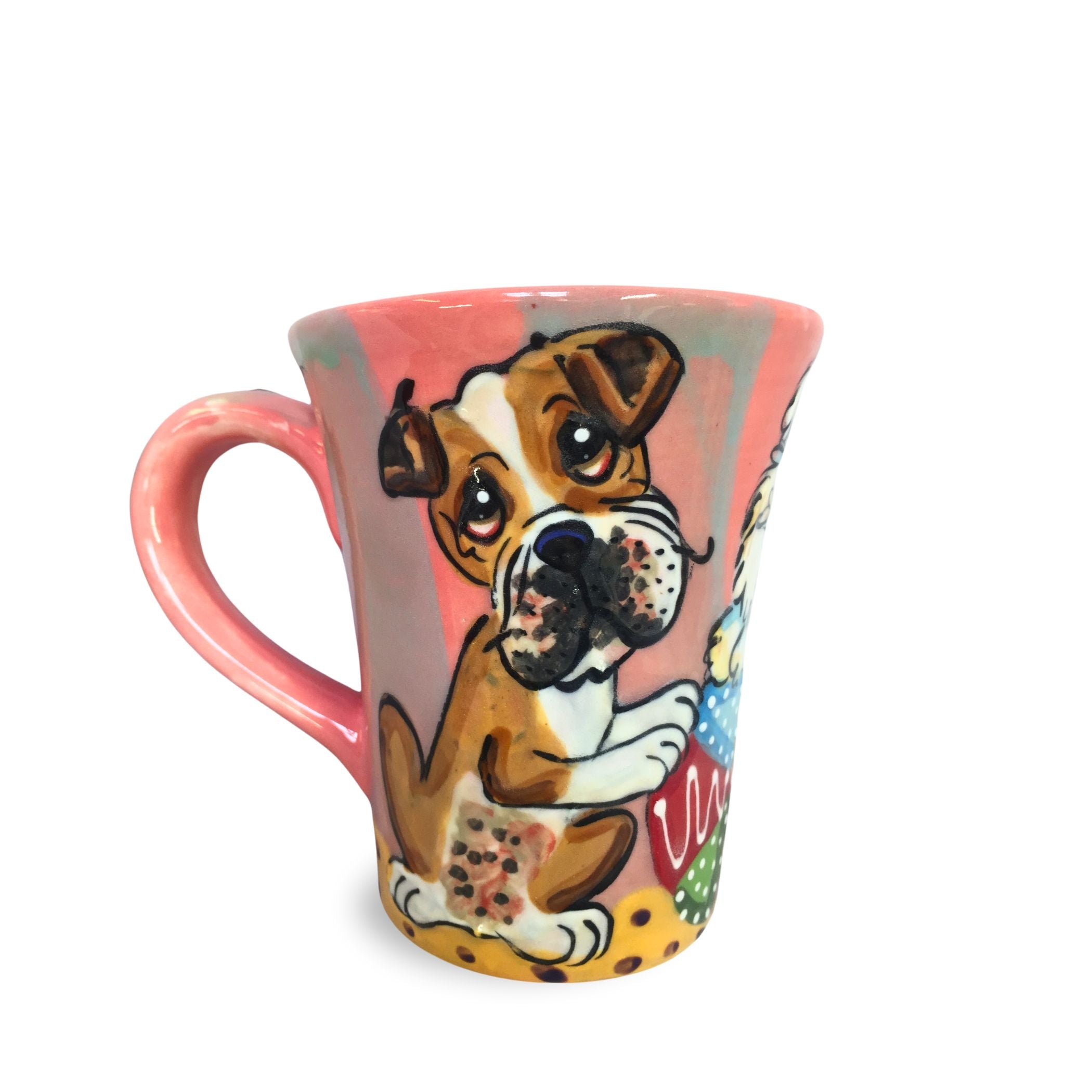 Hand-painted latte mug with a captivating Boxer dog illustration, set against a coral background with a whimsical touch, reflecting a blend of art and affection