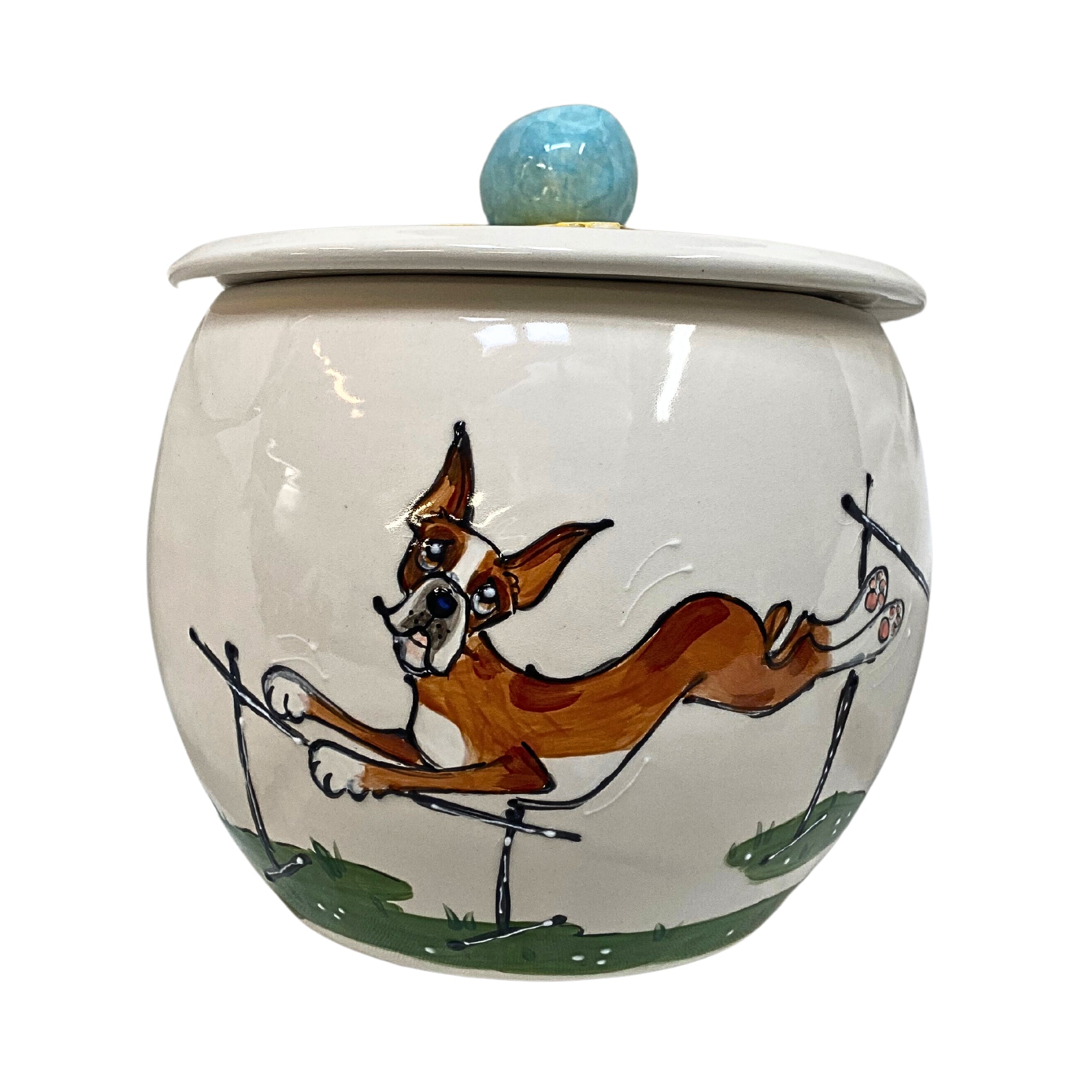 A Boxer triumphantly clearing a jump, depicted on a ceramic treat jar, symbolizing the pinnacle of breed conformation achievements, complete with a yellow-rimmed lid