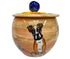 Artisanal ceramic treat jar with a hand-painted Boxer portrait, accented by a blue lid knob and yellow rim, evoking the essence of the breed&