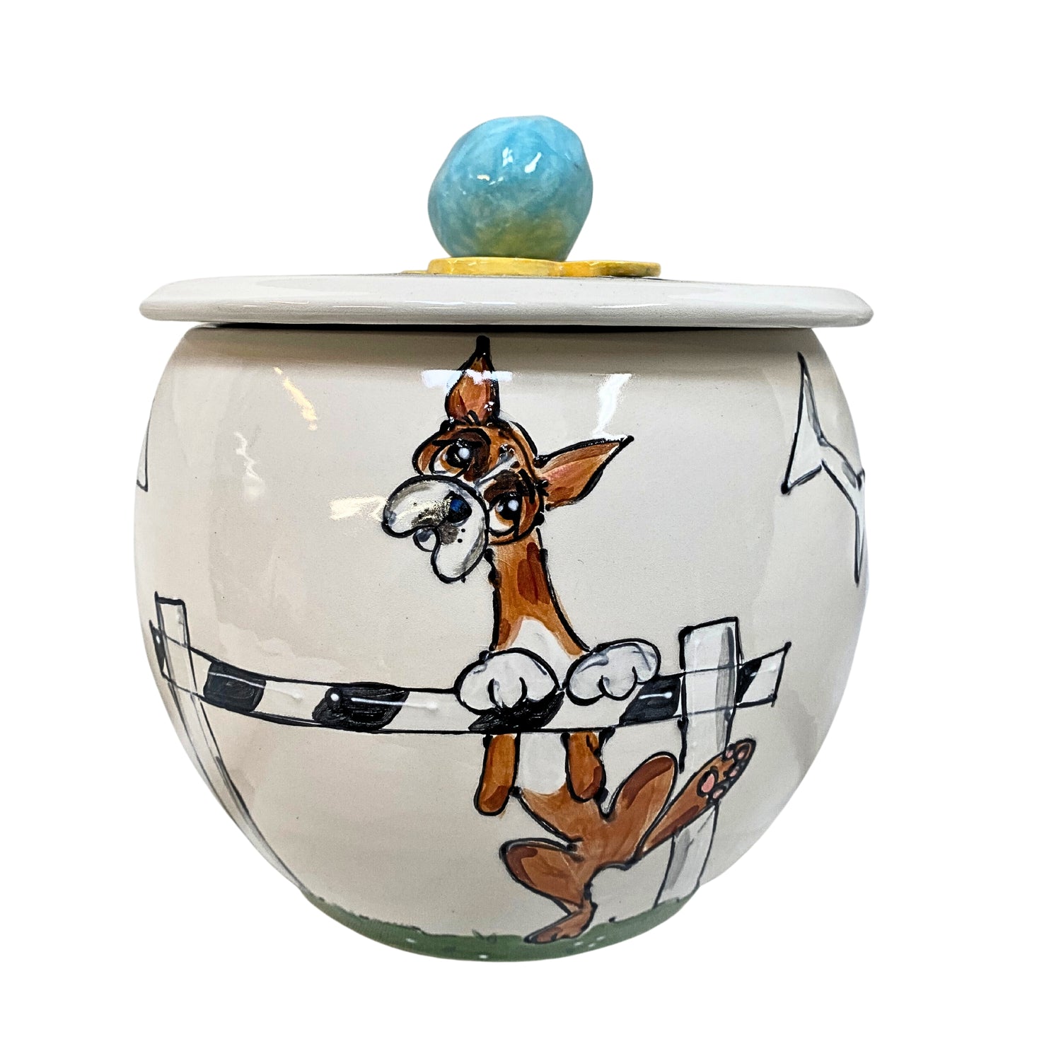 Elegant hand-painted ceramic treat jar with a leaping Boxer, capturing the dynamism of breed conformation shows, topped with a blue knob lid