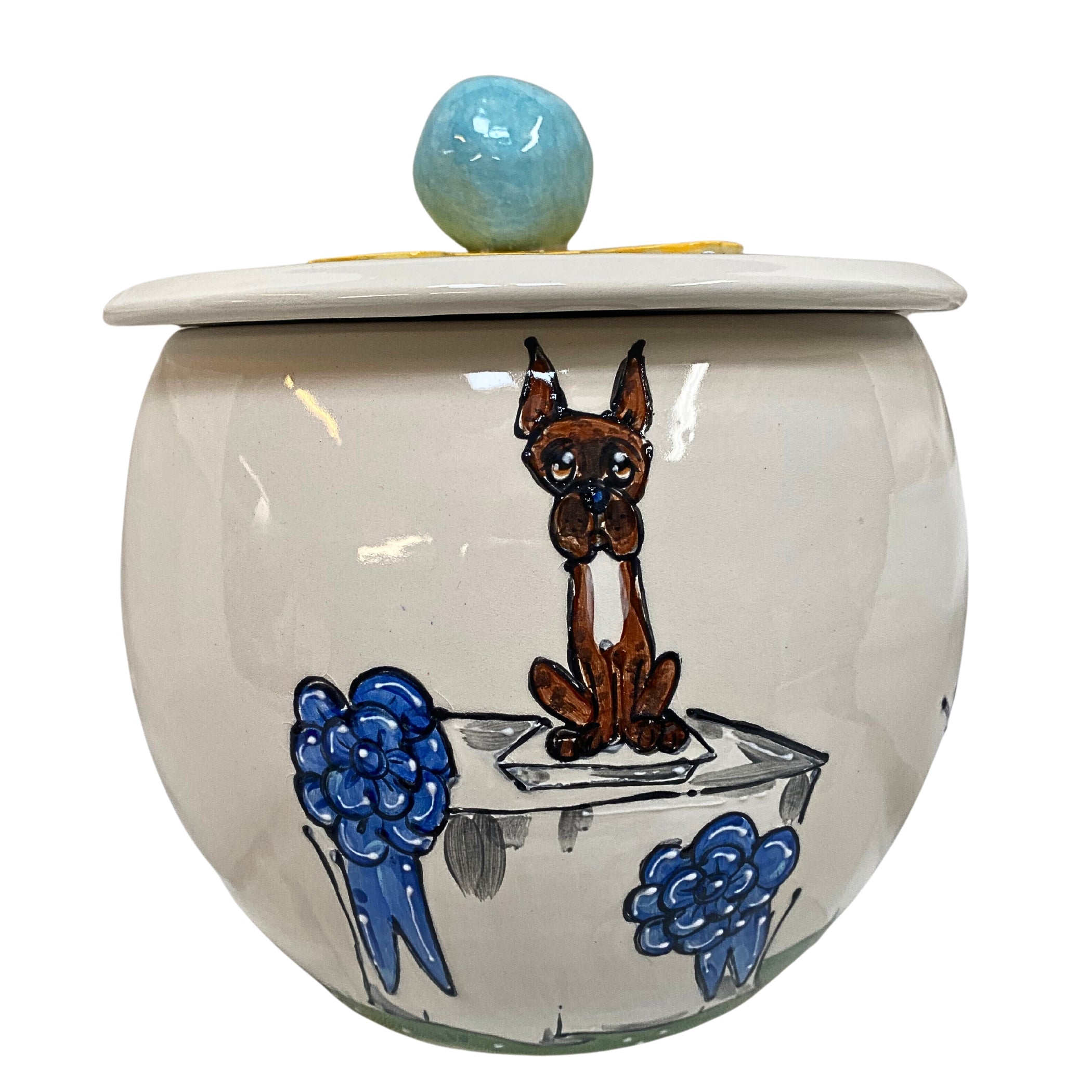 Regal Boxer treat jar, featuring a poised Boxer on a pedestal, with hand-painted blue rosettes, perfect as a trophy for breed club recognitions