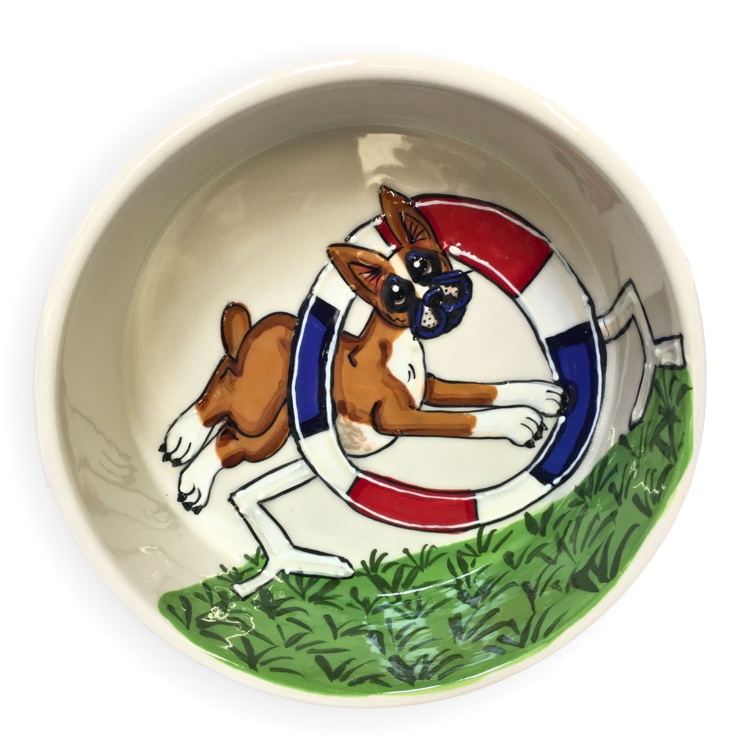 Boxer breed agility award trophy bowl with a playful, hand-painted Boxer on an agility course, perfect for presentation and everyday use.