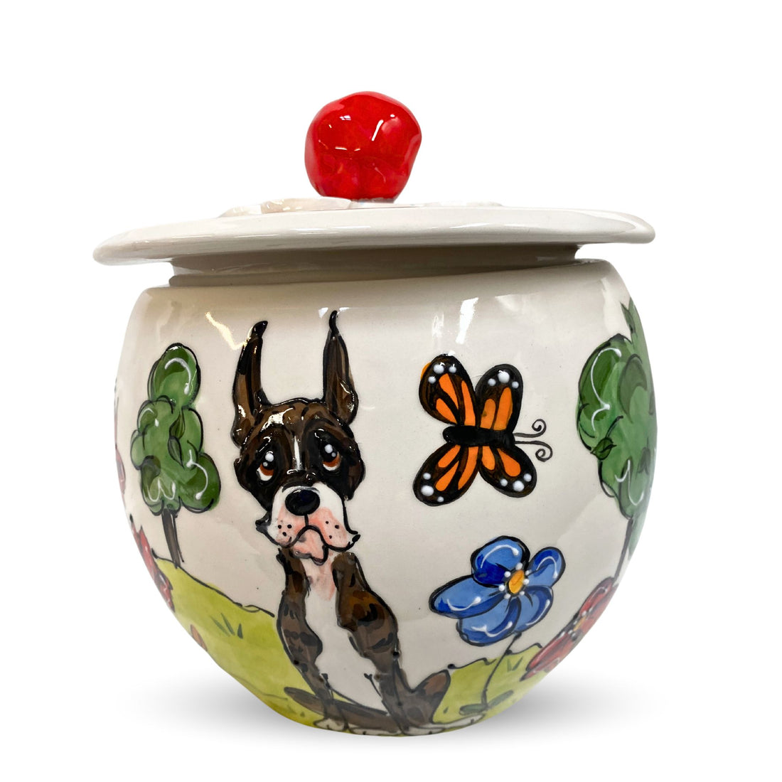 Custom Boxer dog show trophy jar, with a detailed painting of a Boxer and a butterfly, crafted by Faux Paw