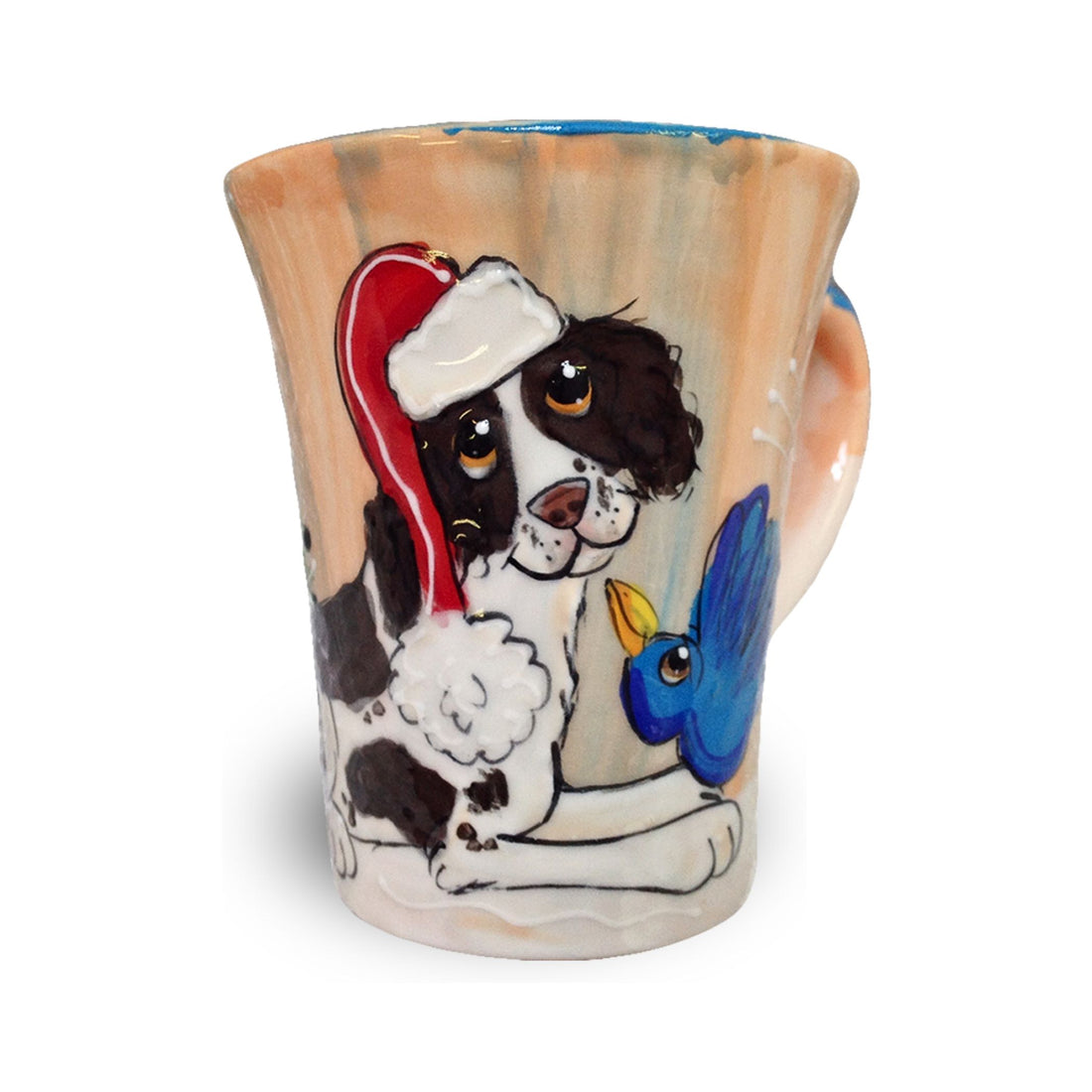 Festive 12oz ceramic mug featuring an English Springer Spaniel in Christmas attire, surrounded by holiday lights and snowflakes