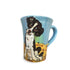 Artisanal coffee mug with a hand-painted portrait of an English Springer Spaniel against a blue sky and sand-colored background, embodying a serene morning scene.