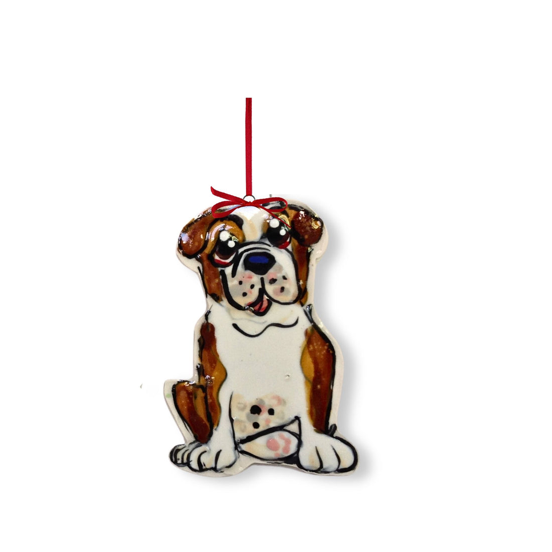 Ceramic ornament of a seated English Bulldog with brown and white markings, expressive eyes, and a distinctive snout, hung by a vibrant red ribbon with a bow.