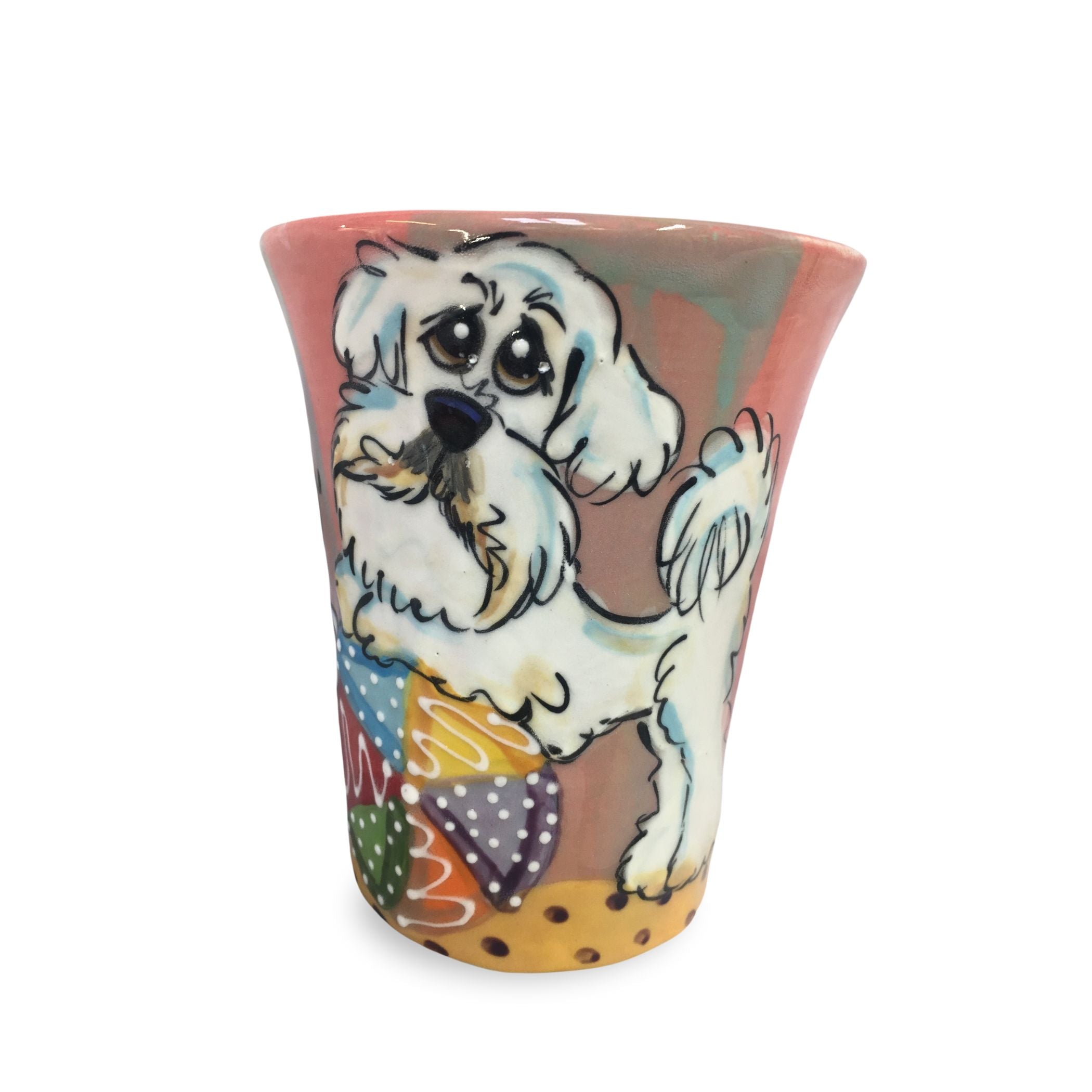 Adorable 12oz coffee mug featuring a hand-painted illustration of a white Labradoodle with a beach ball on a coral-toned background, capturing the essence of beachside fun.