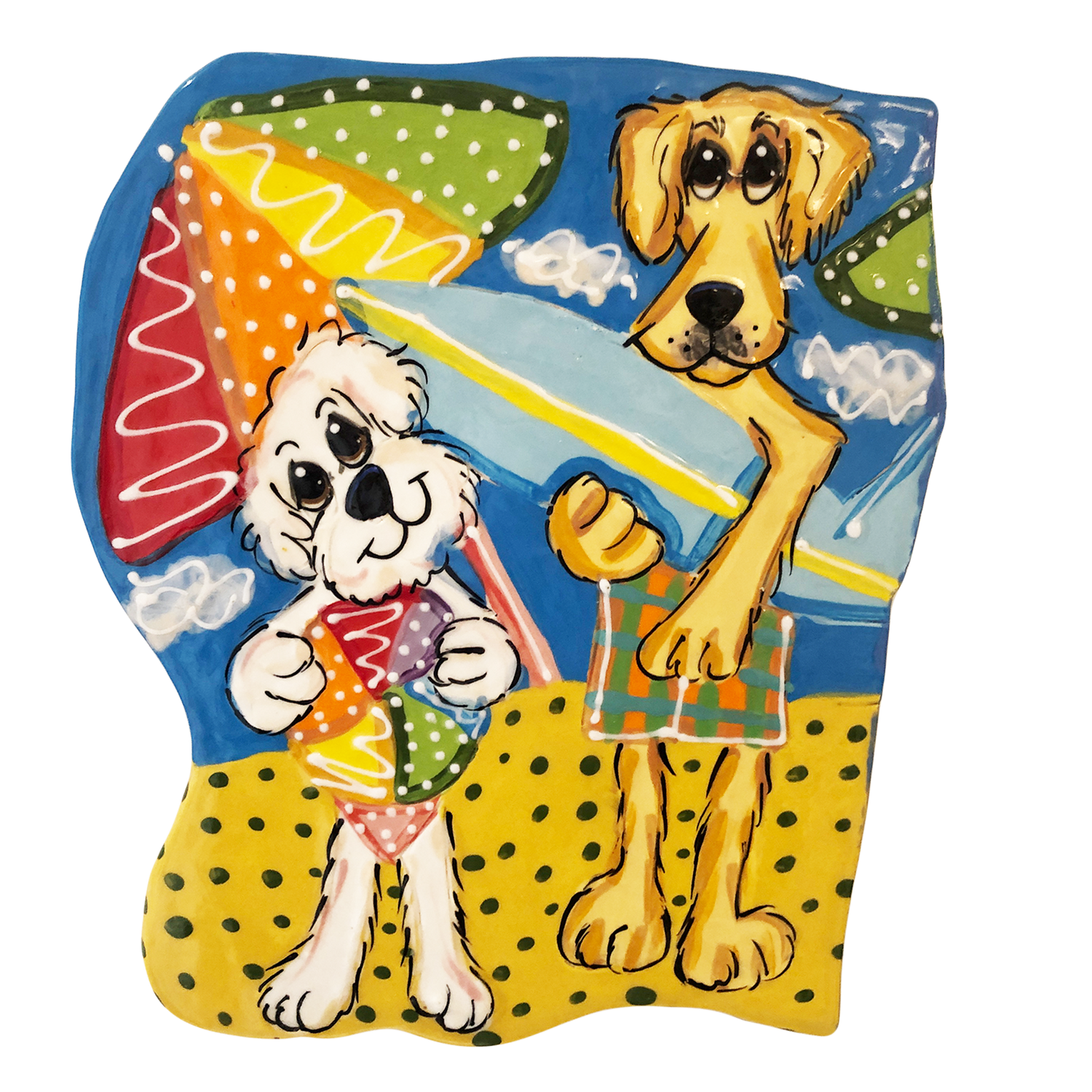 Custom ceramic tile featuring a Maltese holding an ice cream and a Labrador Retriever with a surfboard, both ready for a beach day, hand-painted by artist Debby Carman