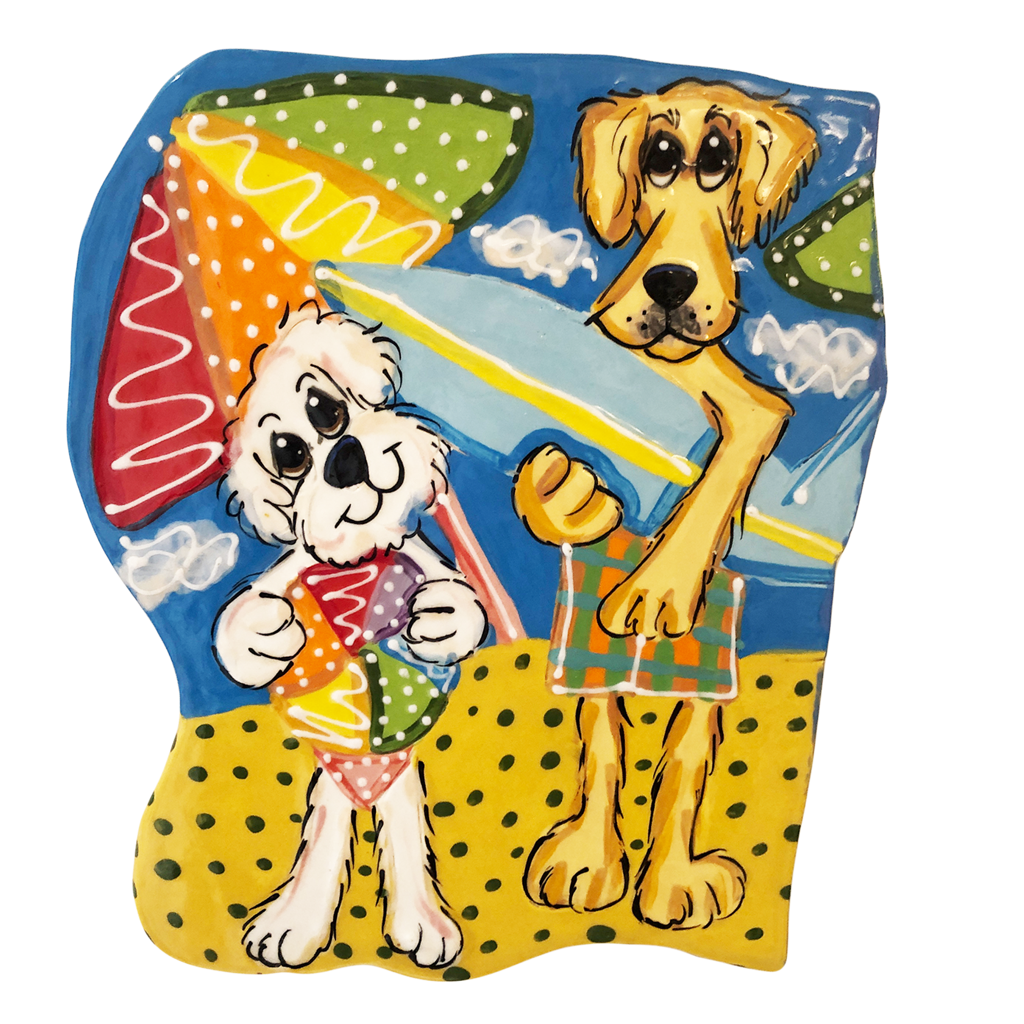 Custom ceramic tile featuring a Maltese holding an ice cream and a Labrador Retriever with a surfboard, both ready for a beach day, hand-painted by artist Debby Carman