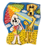 Custom ceramic tile featuring a Maltese holding an ice cream and a Labrador Retriever with a surfboard, both ready for a beach day, hand-painted by artist Debby Carman