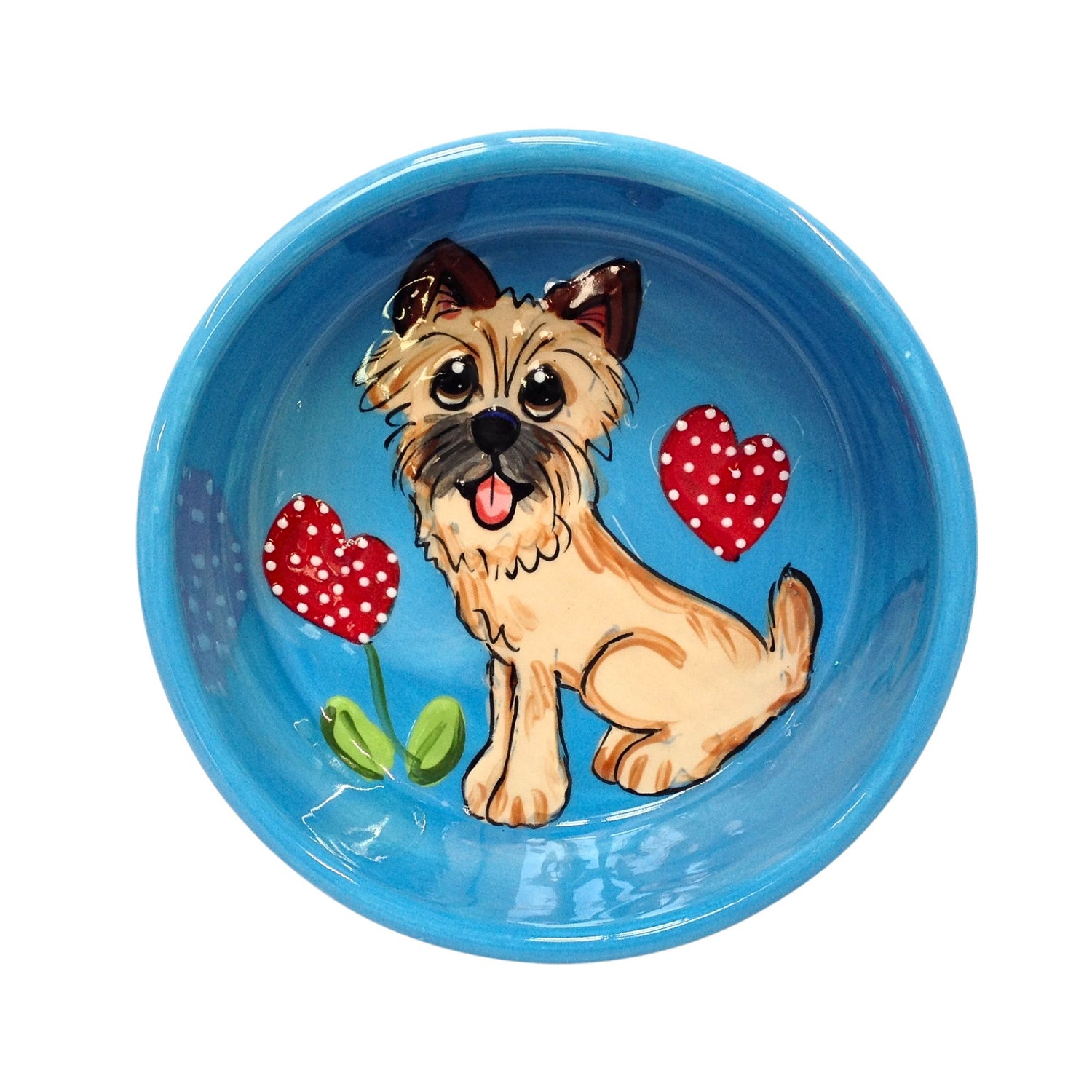 Hand-painted Norwich Terrier dog ceramic bowl with red polka-dot hearts and blue background