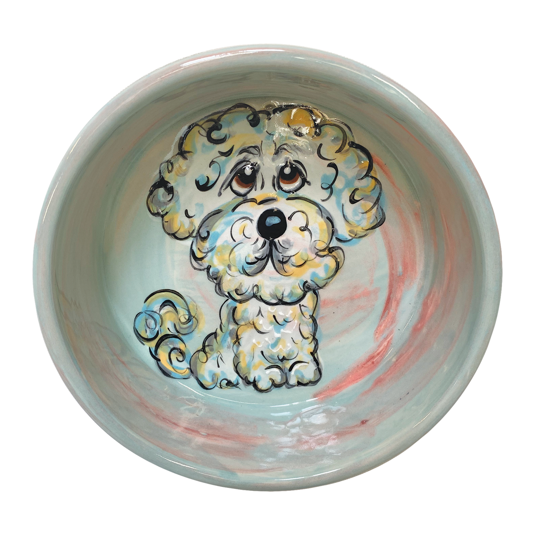 Artisanal ceramic bowl with a tranquil aqua interior, featuring the endearing face of a poodle with intricate curls and expressive, large puppy eyes. The swirling red and aqua backdrop creates a soothing atmosphere, while the poodle&