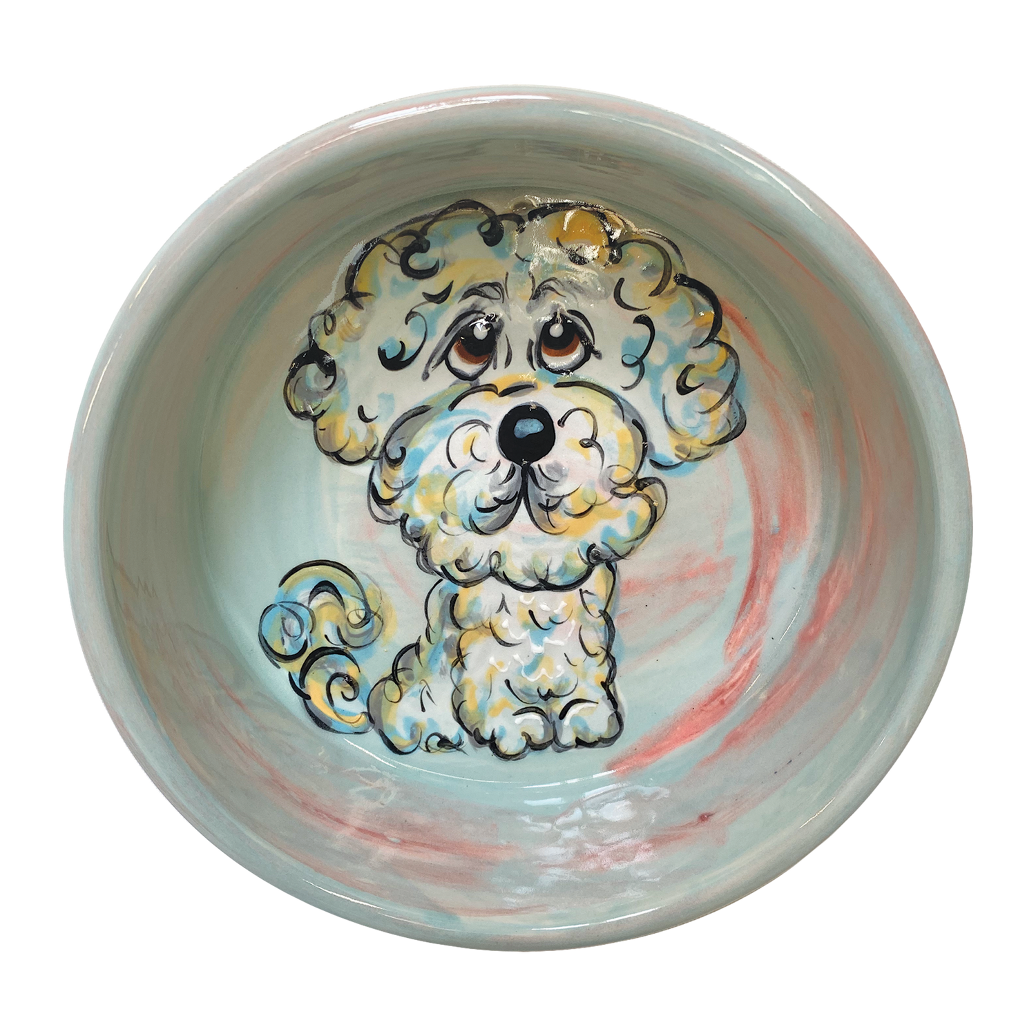 Artisanal ceramic bowl with a tranquil aqua interior, featuring the endearing face of a poodle with intricate curls and expressive, large puppy eyes. The swirling red and aqua backdrop creates a soothing atmosphere, while the poodle&