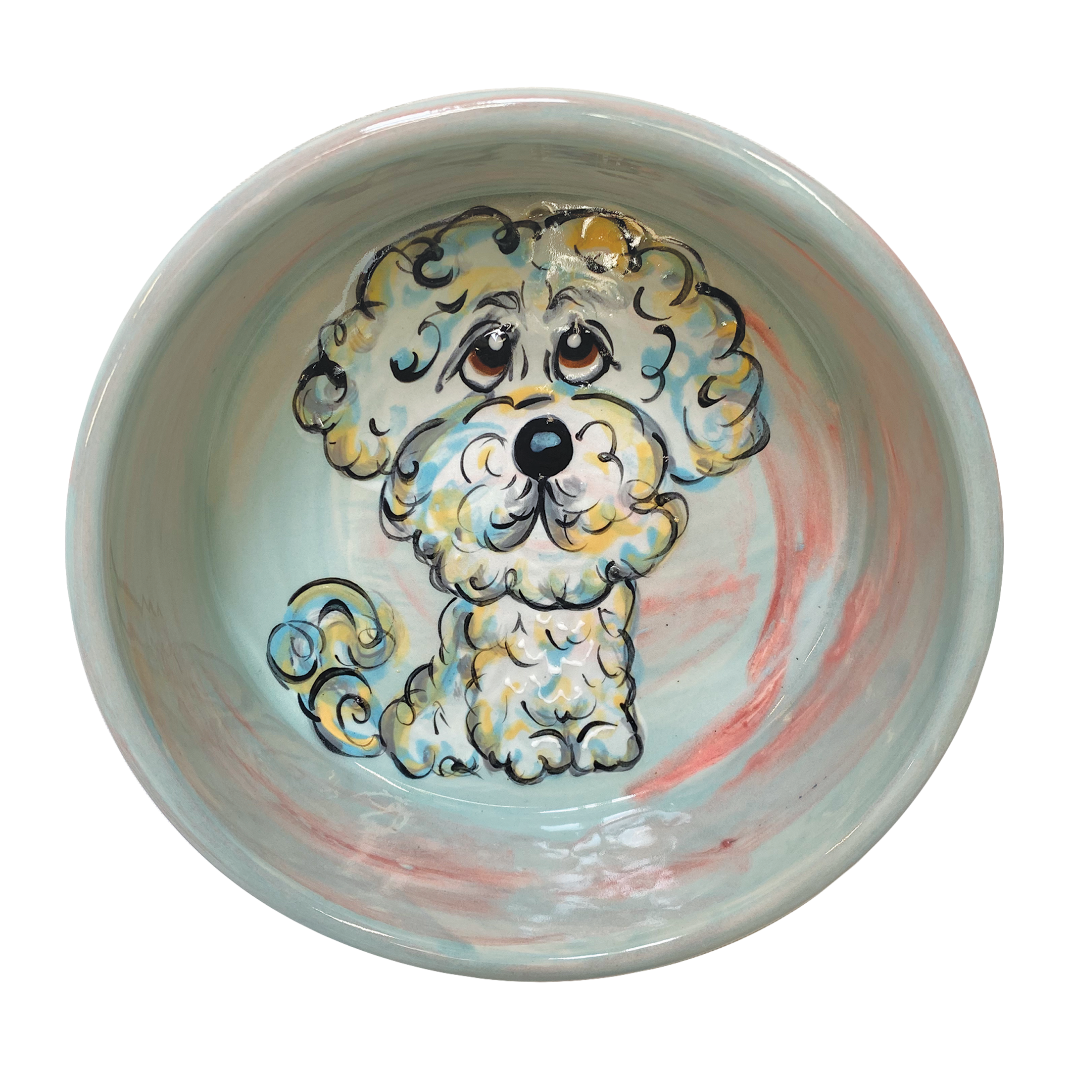 Artisanal ceramic bowl with a tranquil aqua interior, featuring the endearing face of a poodle with intricate curls and expressive, large puppy eyes. The swirling red and aqua backdrop creates a soothing atmosphere, while the poodle&