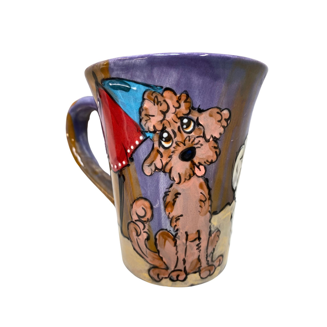 Artisanal 12oz ceramic mug showcasing playful poodles in beach attire, set against a hand-painted seaside and sunset scene