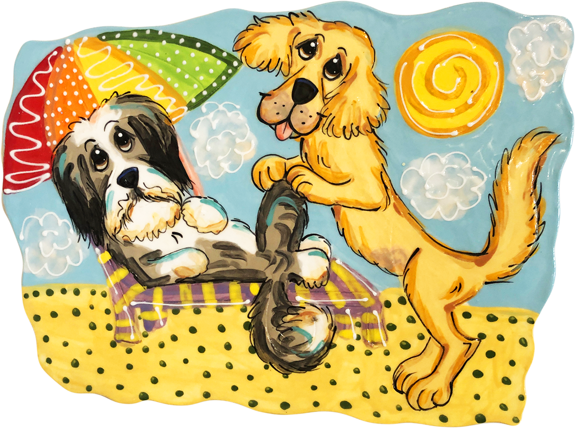 Hand-painted ceramic tile showing a Golden Retriever standing with a leash and a Bernese Mountain Dog lying under a colorful umbrella on a beach, by artist Debby Carman