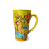 A cheerful yellow mug with a playful hand-painted Golden Retriever enjoying a beach party, complete with ocean waves and a surfboard, crafted by Debby Carman.