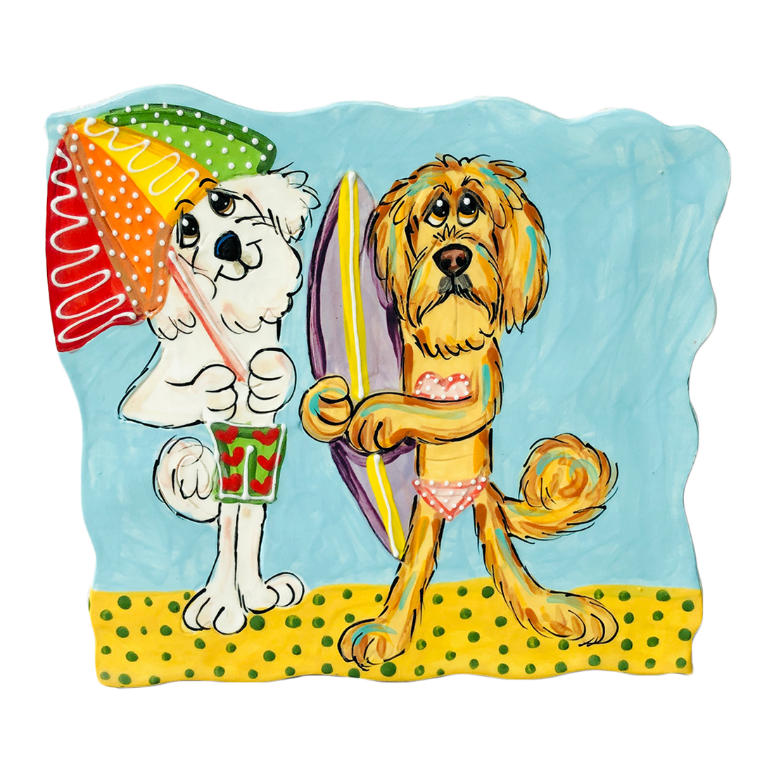 Handmade ceramic tile featuring a Maltese in swim trunks and a Labradoodle with a surfboard, ready for a beach day, intricately painted by artist Debby Carman