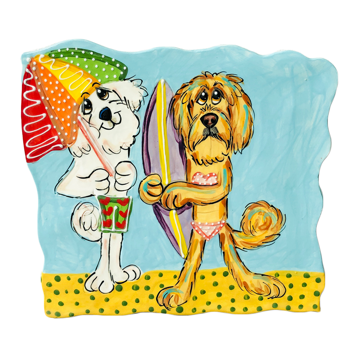 Handmade ceramic tile featuring a Maltese in swim trunks and a Labradoodle with a surfboard, ready for a beach day, intricately painted by artist Debby Carman