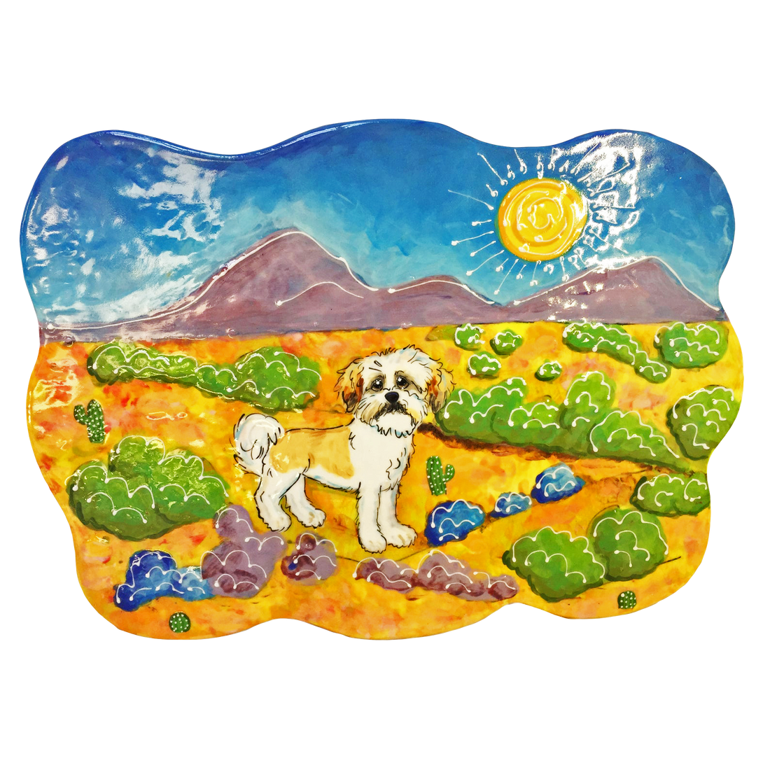 Custom hand-painted ceramic tile with a Shih Tzu dog in a desert scene with cacti, mountains, and a bright sun, crafted by artist Debby Carman