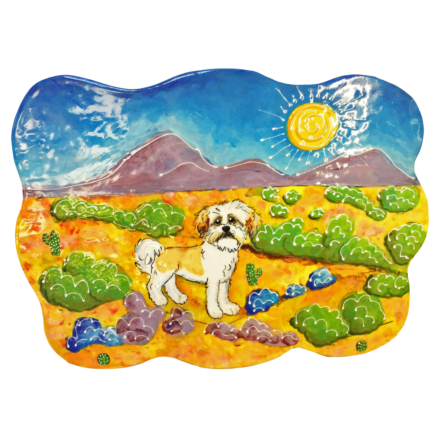 Custom hand-painted ceramic tile with a Shih Tzu dog in a desert scene with cacti, mountains, and a bright sun, crafted by artist Debby Carman