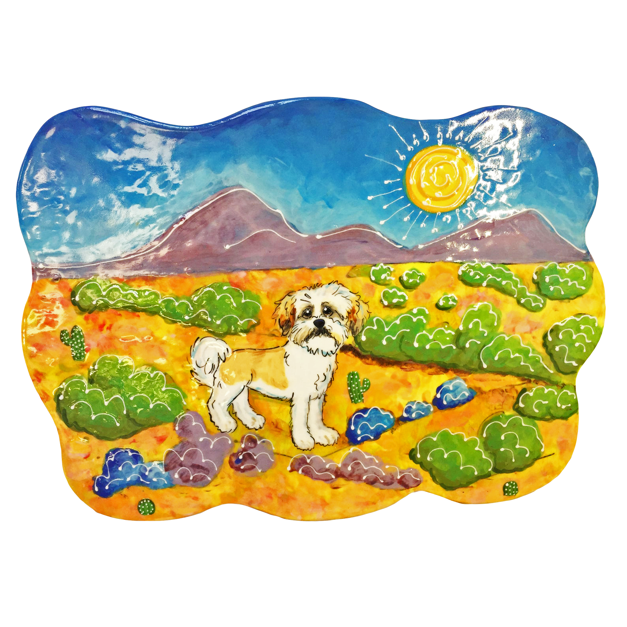 Custom hand-painted ceramic tile with a Shih Tzu dog in a desert scene with cacti, mountains, and a bright sun, crafted by artist Debby Carman