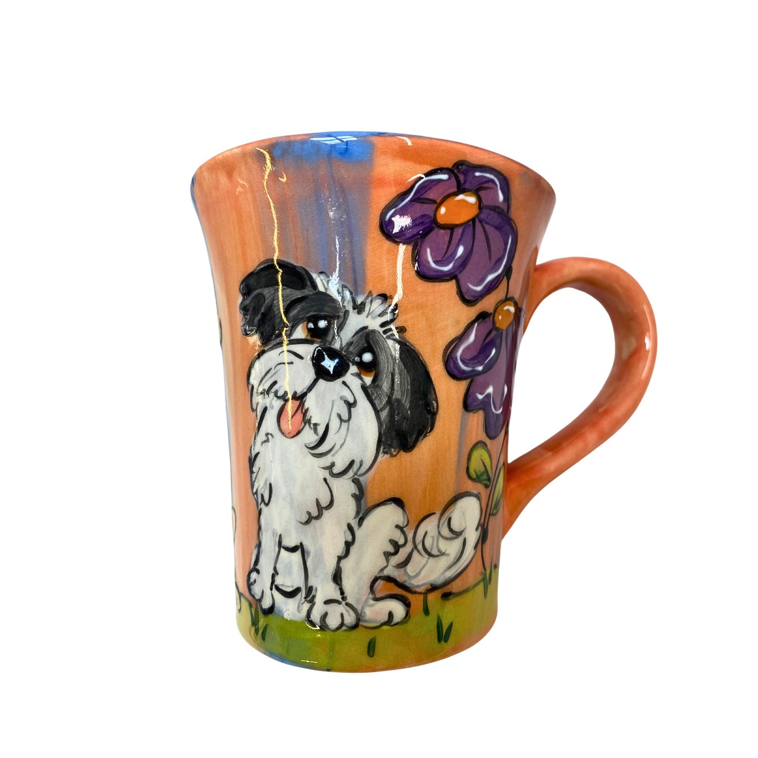 Handmade 12oz ceramic mug with a charming Shih Tzu and purple flowers, capturing a playful and artisanal spirit