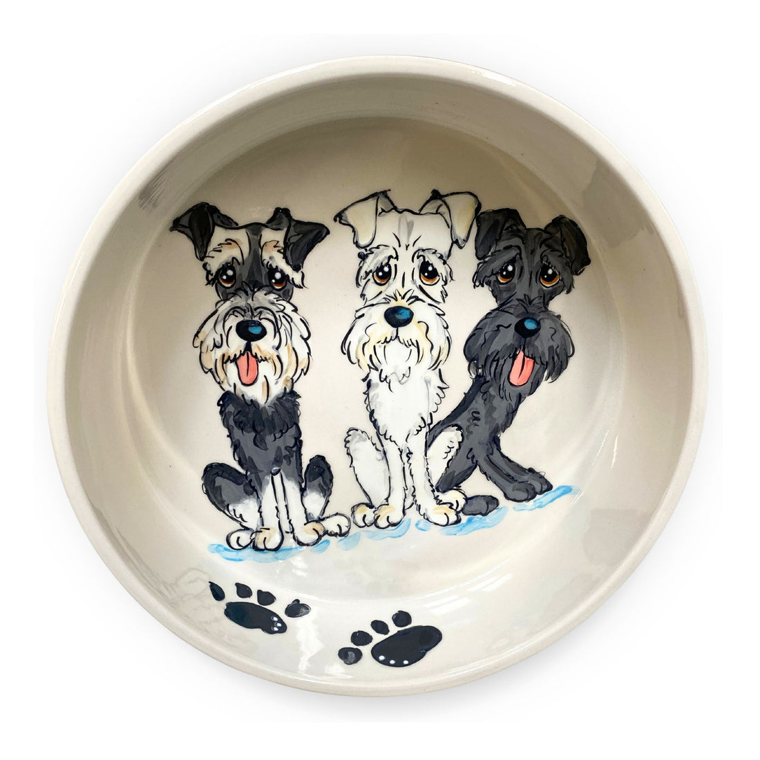 Ceramic pet bowl showcasing three hand-painted Schnauzer faces with playful expressions and paw prints.