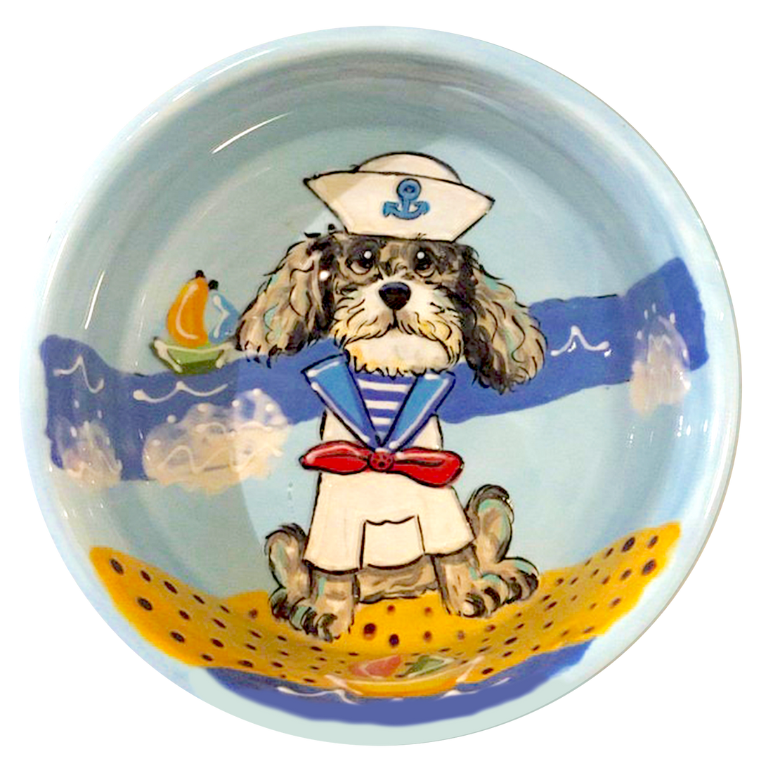 Hand-painted ceramic bowl showcasing a grey and white poodle dressed in a sailor outfit with a blue and white sailor&