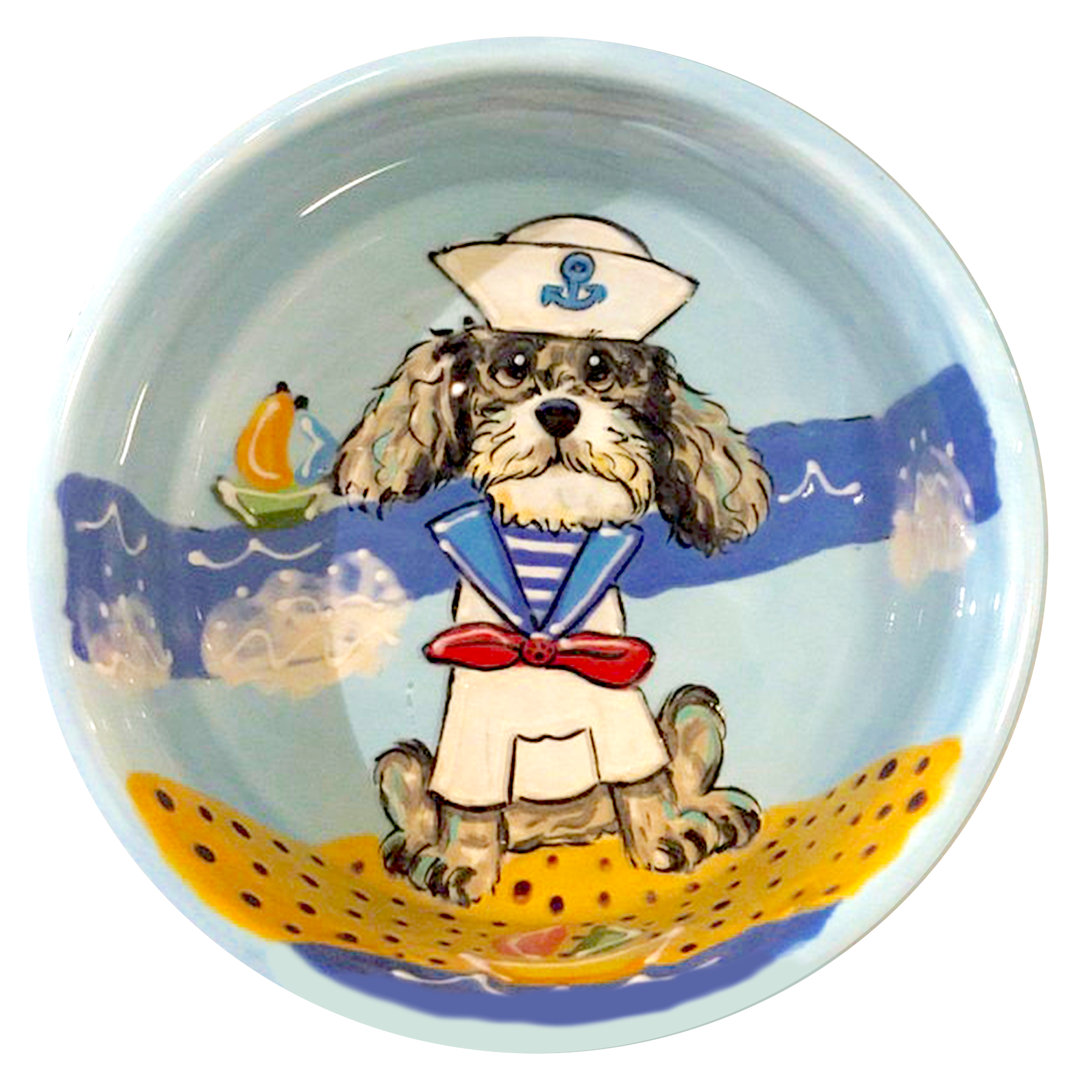 Hand-painted ceramic bowl showcasing a grey and white poodle dressed in a sailor outfit with a blue and white sailor&