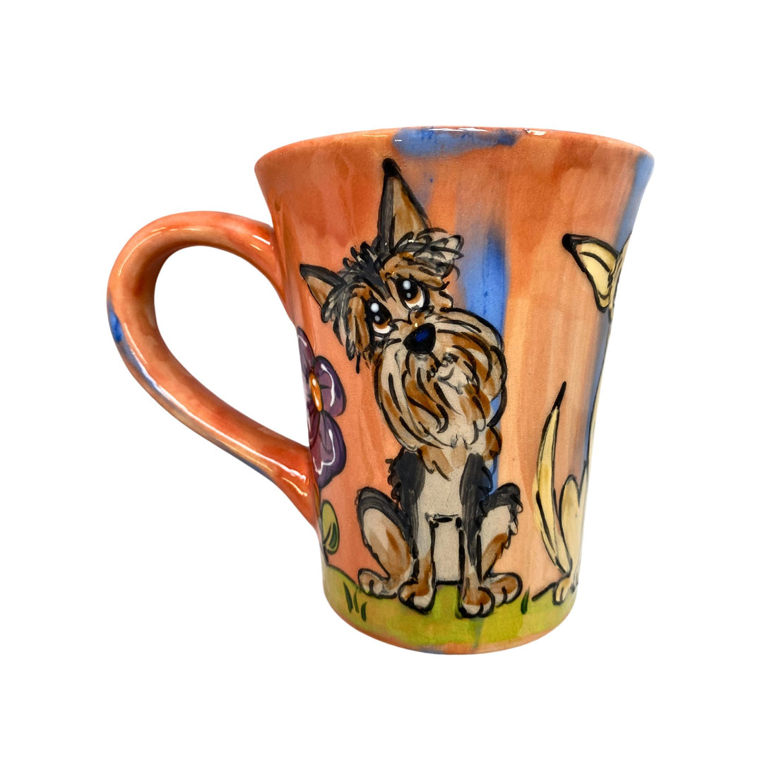 Handmade 12oz ceramic mug with a hand-painted Yorkshire Terrier in a garden setting, vibrant and detailed artwork