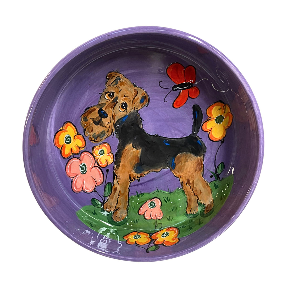 Hand-painted Airedale Terrier dog bowl with whimsical flowers and butterfly design by Debby Carman – food safe and durable for daily use.