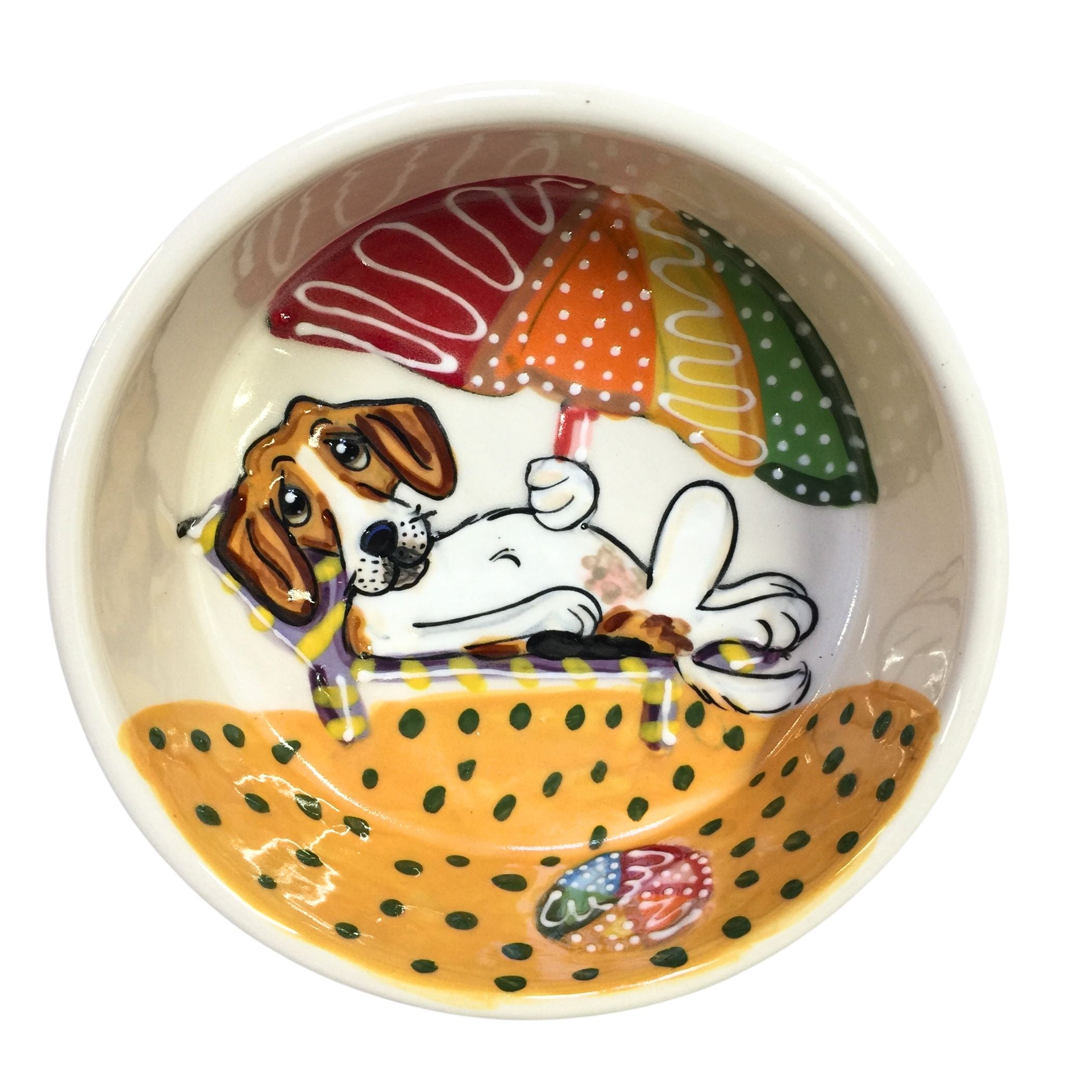 Handcrafted Beagle lounging under an umbrella design on ceramic dog bowl, customizable with pet&