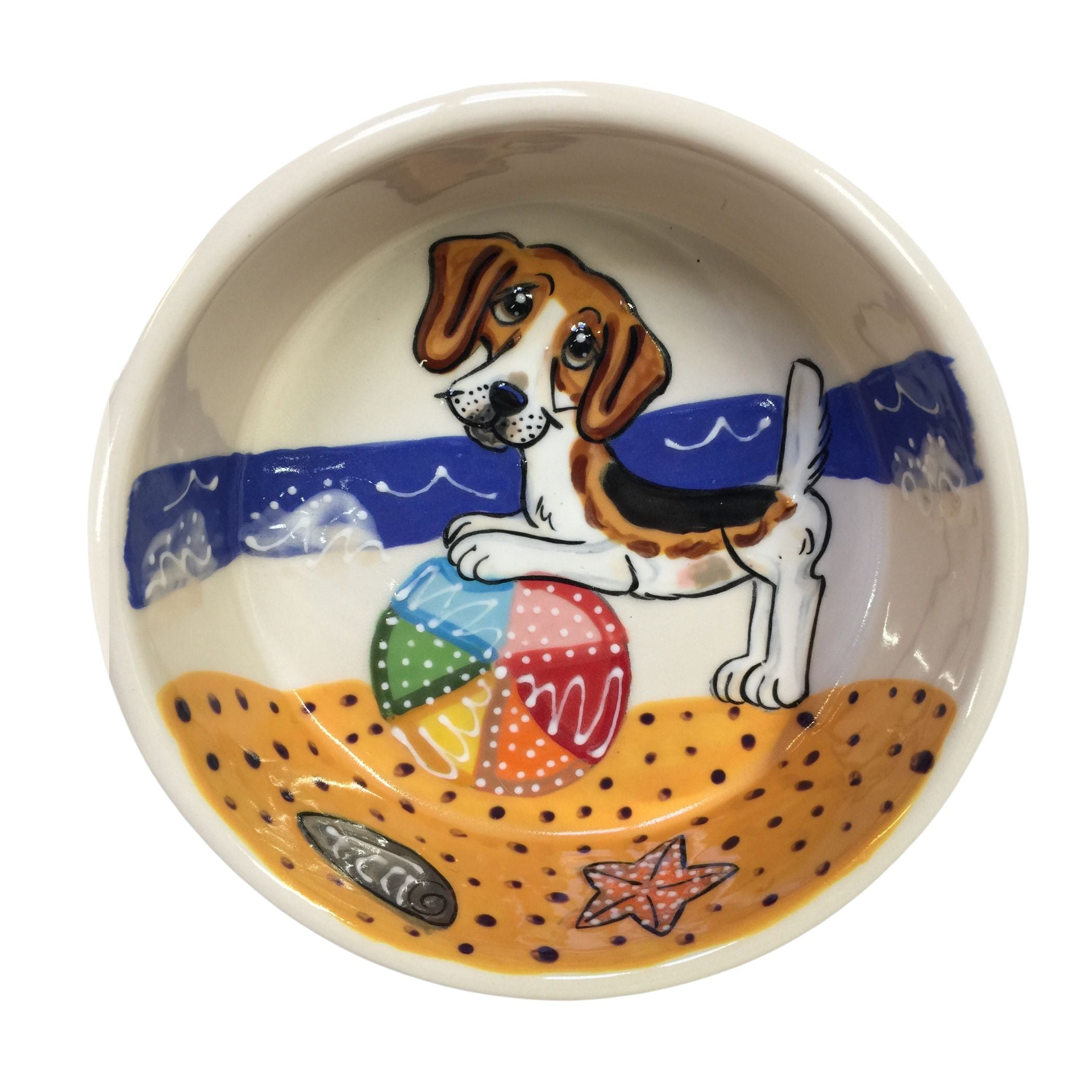 Hand-painted Beagle Beach Ballin Dog Bowl with colorful beach ball design, customizable pet name, available in 6, 8, 10 inches