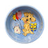 Hand-painted 8-inch ceramic pet bowl featuring a cute dog with birthday cake, balloons, and gift, customizable with pet portraits by artist Debby Carman, microwave and dishwasher safe