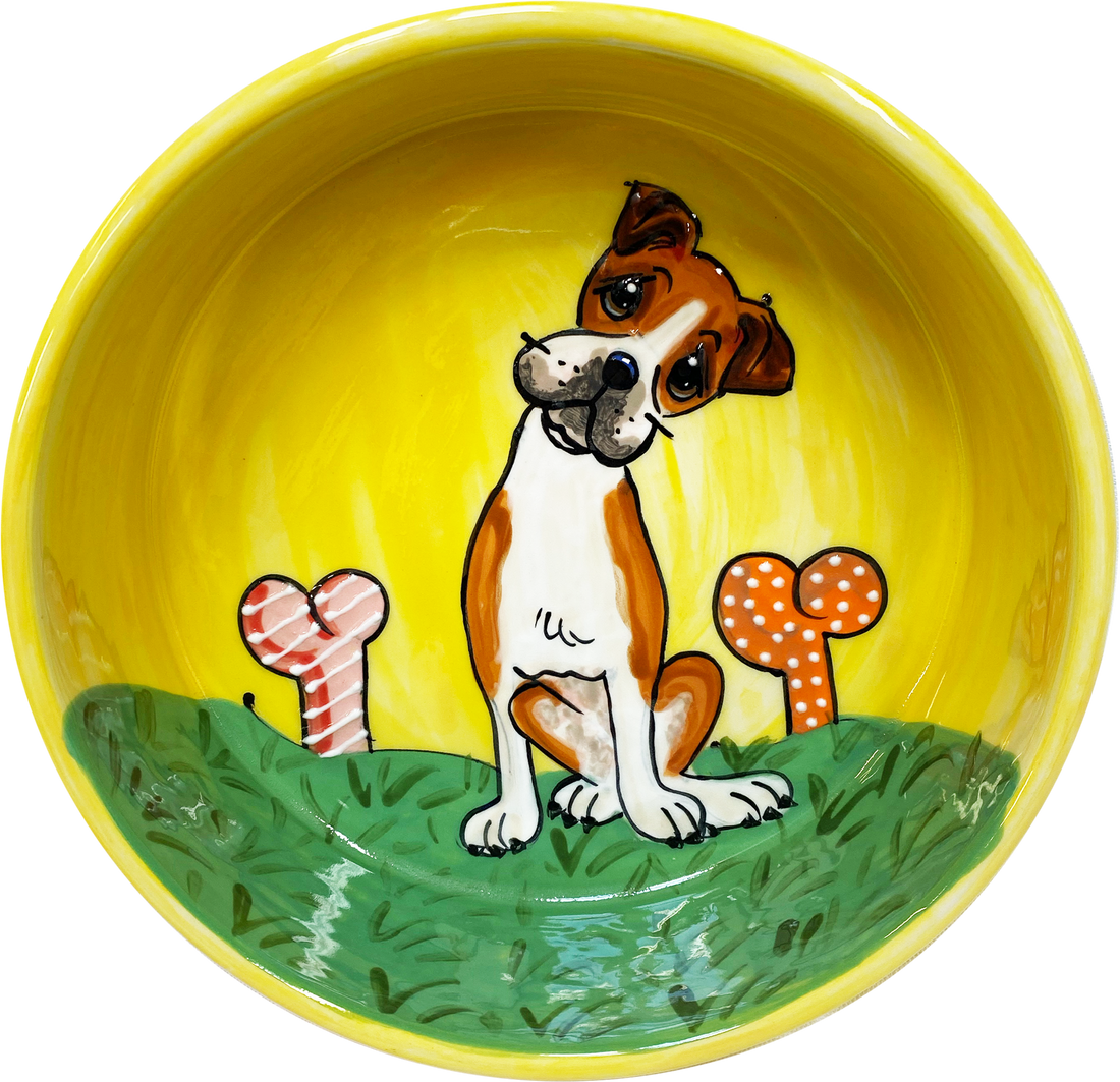 Cheerful hand-painted ceramic bowl with a bright yellow interior featuring a Boxer dog, whimsical bones, and a lush green base, perfect for Boxer dog enthusiasts