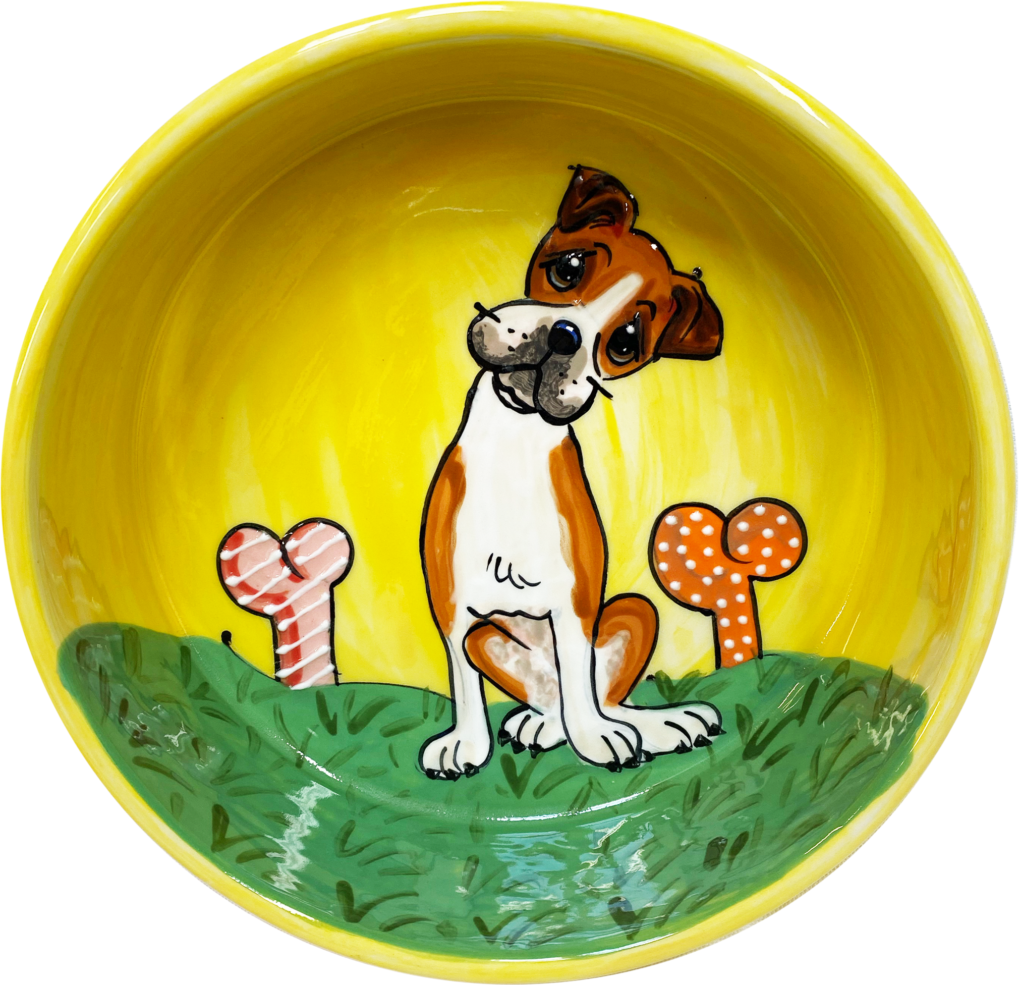 Cheerful hand-painted ceramic bowl with a bright yellow interior featuring a Boxer dog, whimsical bones, and a lush green base, perfect for Boxer dog enthusiasts