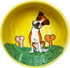 Cheerful hand-painted ceramic bowl with a bright yellow interior featuring a Boxer dog, whimsical bones, and a lush green base, perfect for Boxer dog enthusiasts