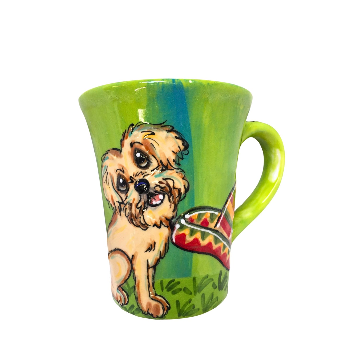 A lively 12 oz mug featuring a hand-painted Terrier in a playful stance with Cinco de Mayo-inspired decorations on a bright green background, complete with a vibrant green handle, crafted by Debby Carman.