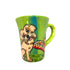 A lively 12 oz mug featuring a hand-painted Terrier in a playful stance with Cinco de Mayo-inspired decorations on a bright green background, complete with a vibrant green handle, crafted by Debby Carman.