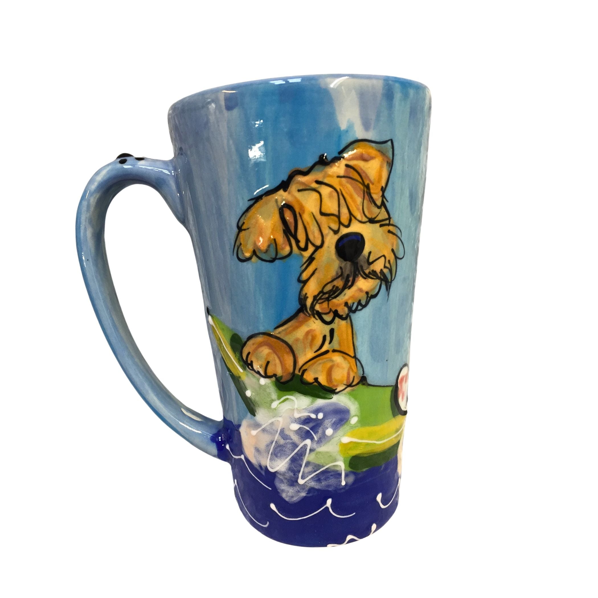 Hand-painted latte mug with an adorable Wheaten Terrier illustration, set against a serene blue background, showcasing vibrant, food-safe colors