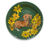 Handmade 14-inch ceramic serving bowl with a hand-painted whimsical depiction of an adorable Dachshund surrounded by yellow flowers, crafted by artist Debby Carman